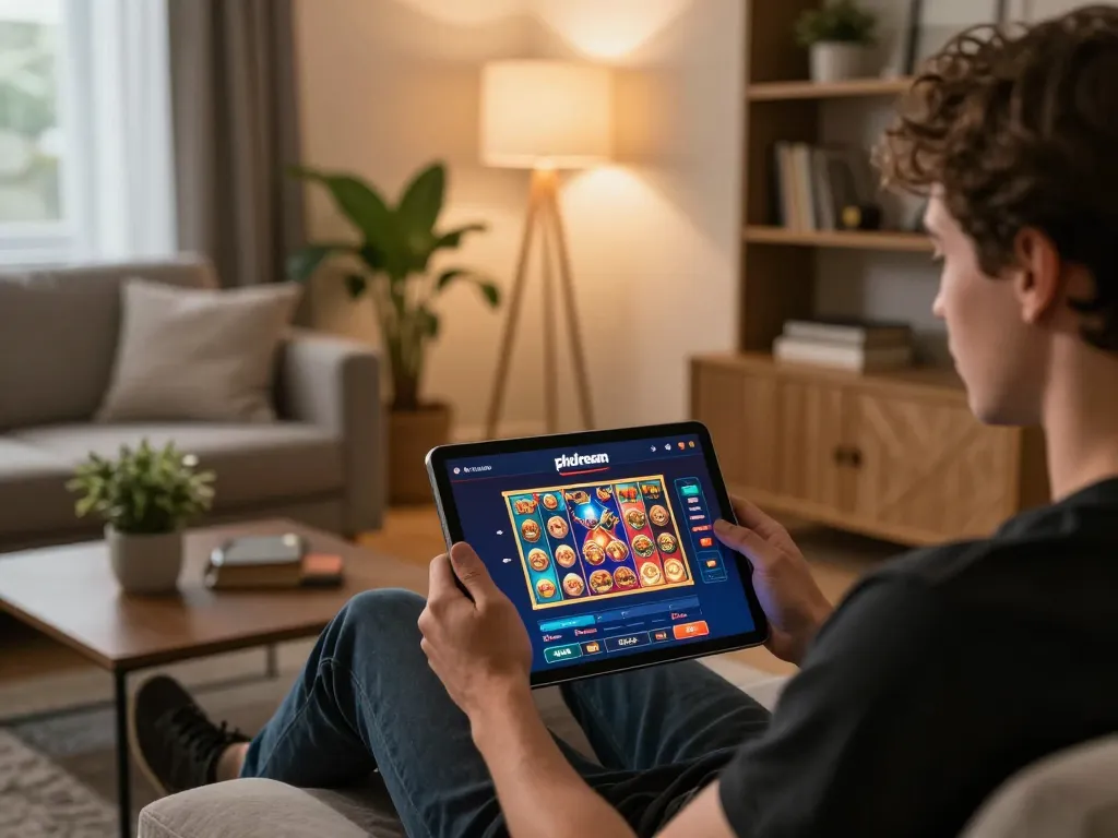 Engaging with phdream on a tablet in a stylish home, showcasing vibrant slot games.