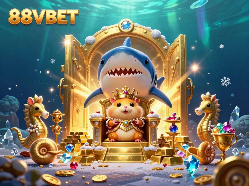 Winning big at 88VBET with a dynamic scene of a hamster king on a shark throne amidst treasures.