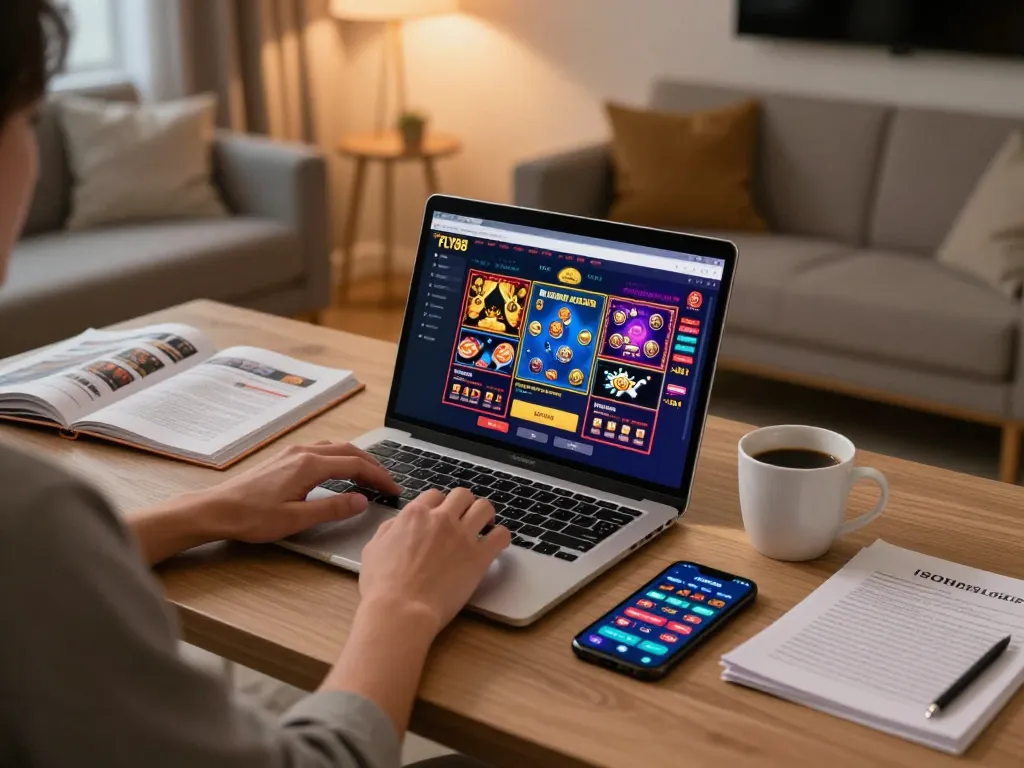 Engaging online gaming session at home with FLY88 casino interface displayed on laptop.