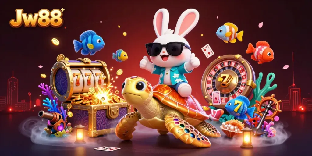 Experience the thrill of Jw88 with a dynamic underwater casino scene, featuring vibrant characters and game elements.