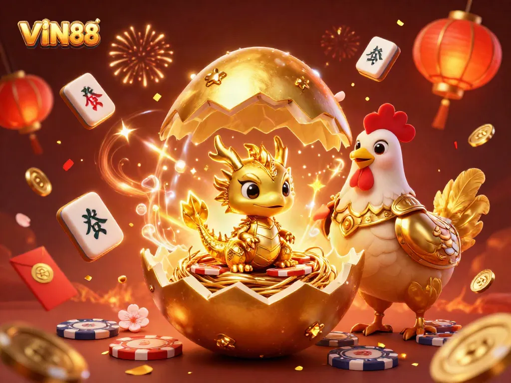 Experience rich gaming with VIN88 as a golden dragon reveals luck amidst festive 3D elements.