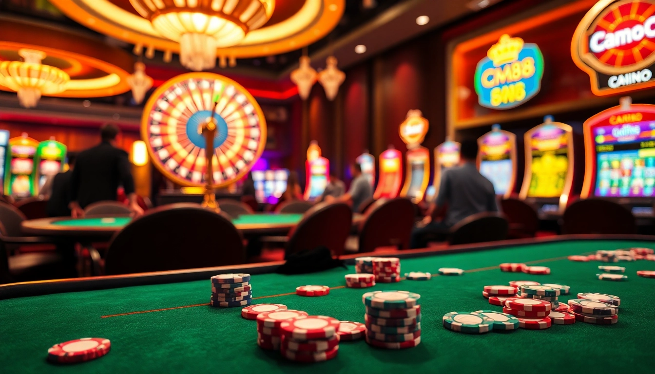 Experience the thrill of CM88 at a luxurious casino with vibrant poker tables and roulette.