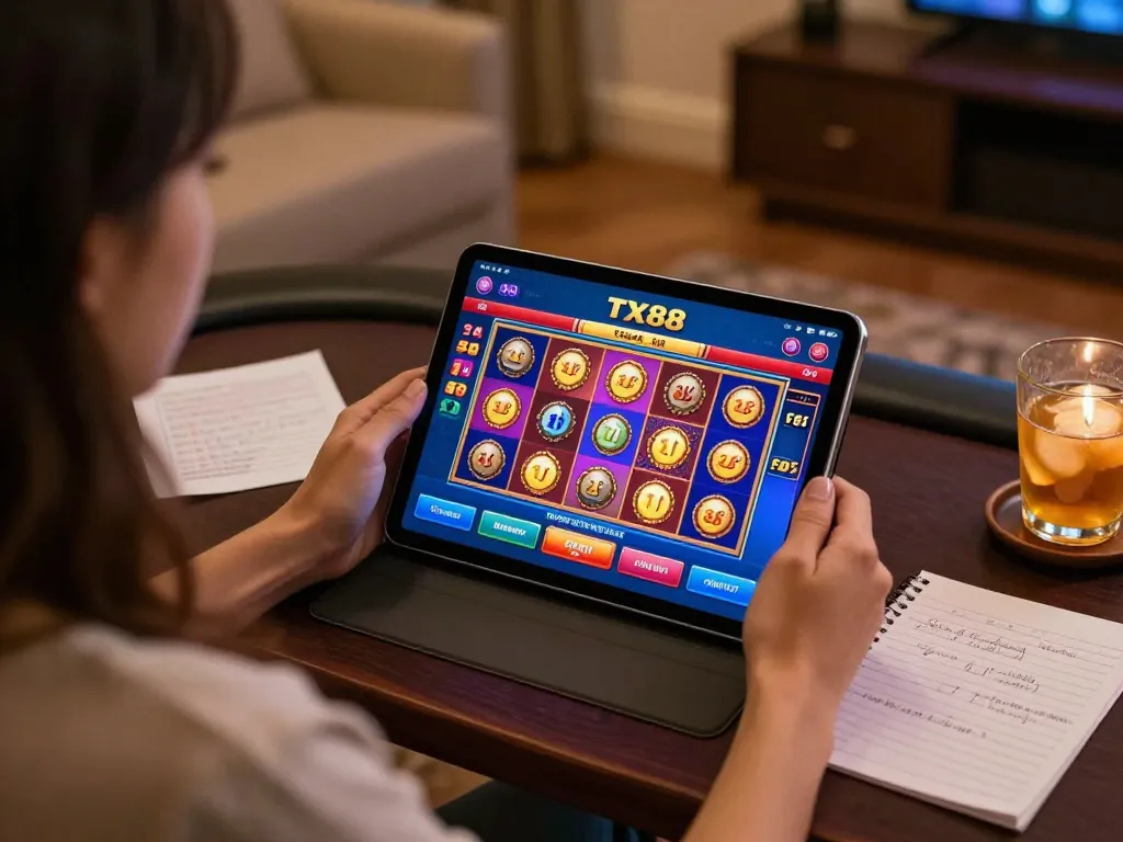 Engaging with the Tx88 app for online betting, showcasing strategy notes and a cozy home atmosphere.