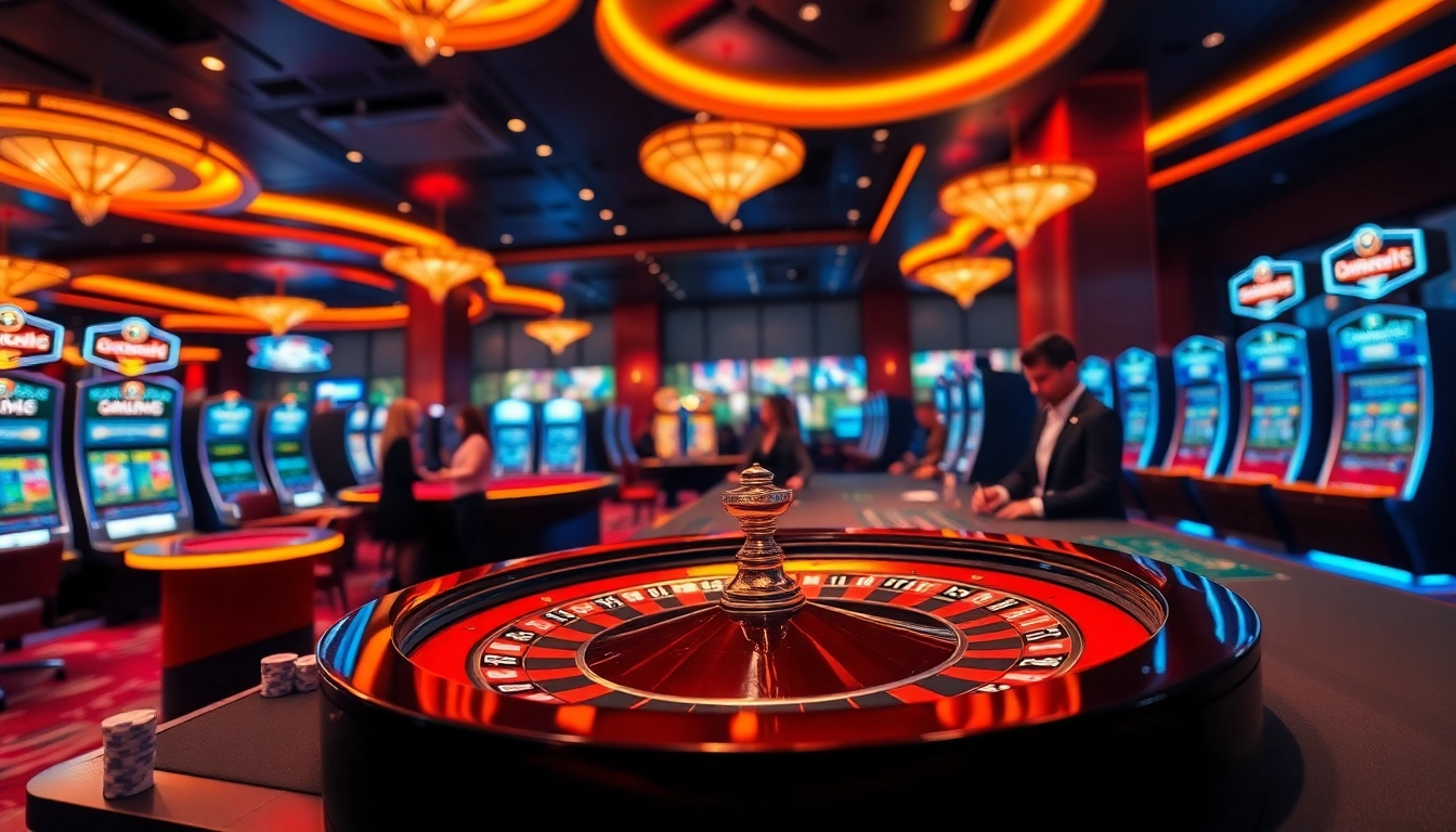 A vibrant casino scene showcasing engaging gameplay at https://zing88.design/ featuring roulette, poker chips, and excited players.