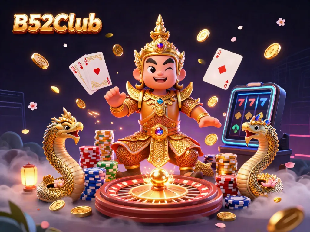 B52CLub showcases a vibrant 3D casino scene with a guardian and casino elements, filled with lucky coins and spirited gameplay.