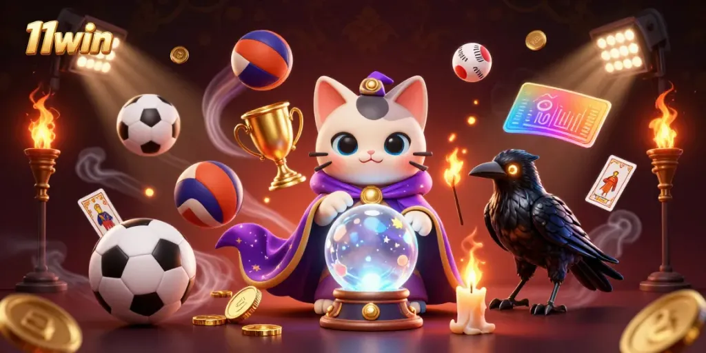 11win offers exciting gaming experiences with a dynamic scene featuring a mystical cat and sports elements.