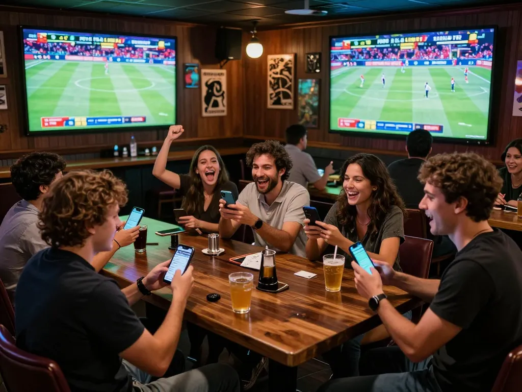 Sky88 players celebrating wins while betting on live sports in an exciting bar atmosphere