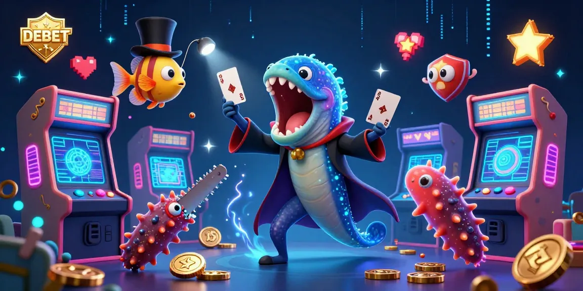 Engage with DEBET's thrilling magic show as marine characters entertain through a casino-themed illustration featuring vibrant gaming elements.
