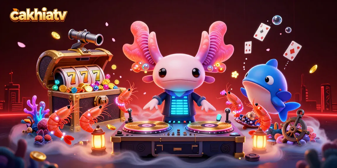 Cakhiatv players enjoy vibrant underwater casino fun with neon axolotl DJ and surrounded games