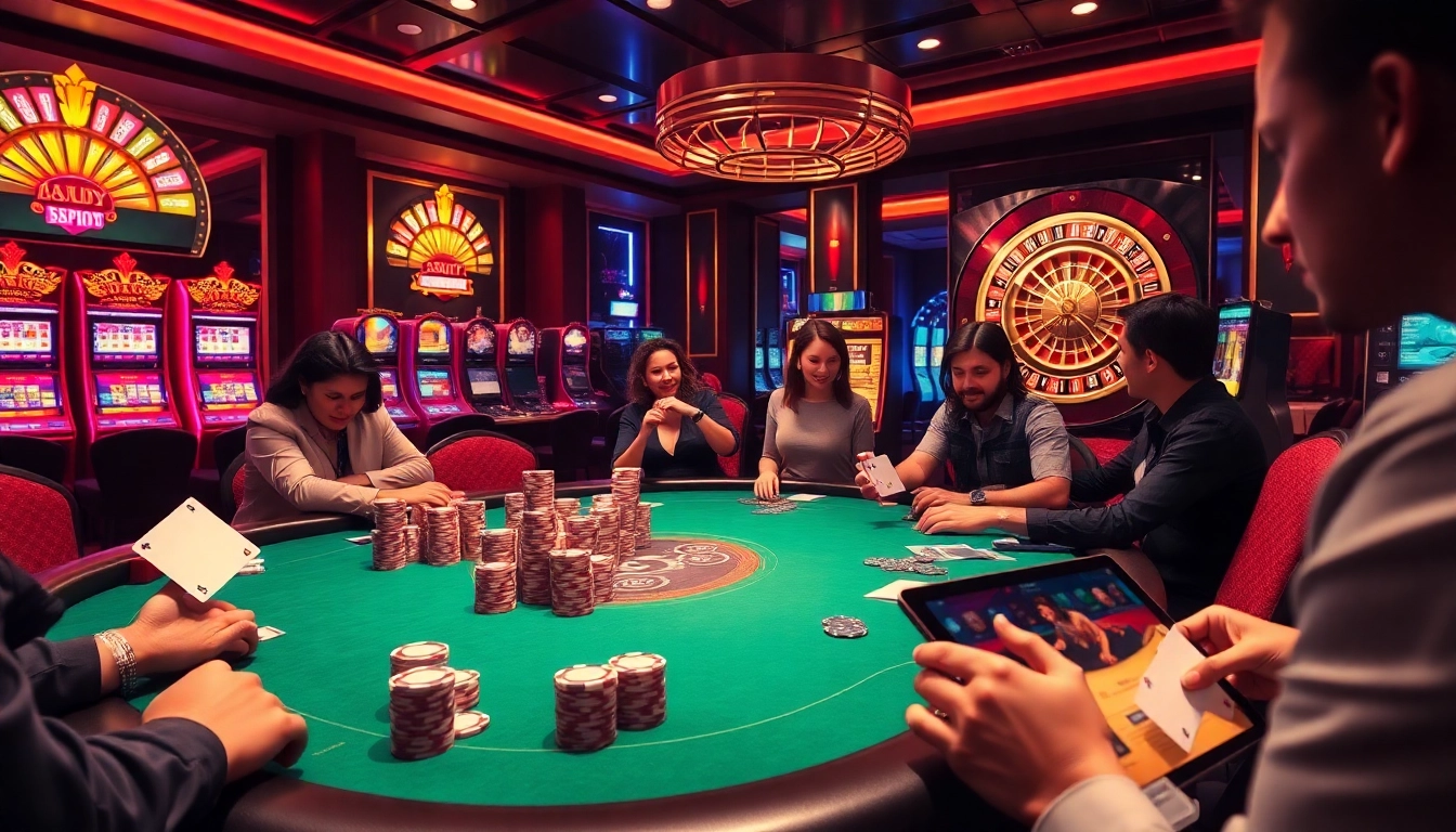 Players enjoying a thrilling poker game at https://88vn.cn.com/, with vibrant casino visuals.