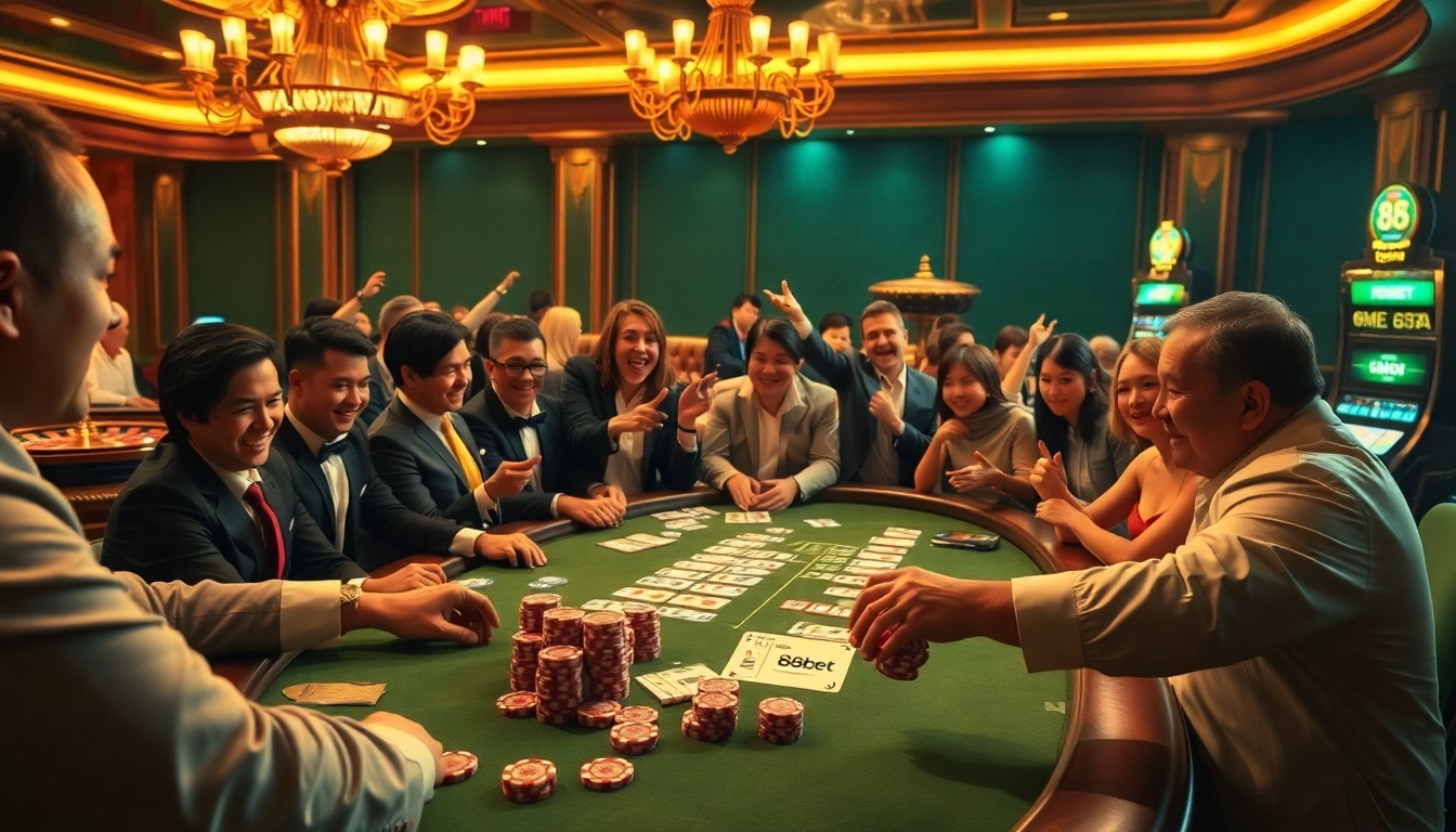 Players engaging at an 88bet poker table, showcasing thrilling casino excitement and strategy.