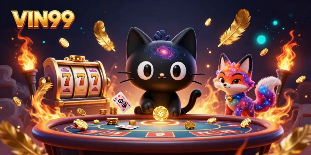 Watch the black hole cat at VIN99 as it draws in chips and cards at a vibrant casino.