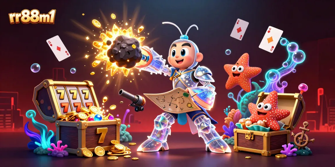 Engage in thrilling games at rr88m1 with vibrant slot reels and colorful gems exploding in action.