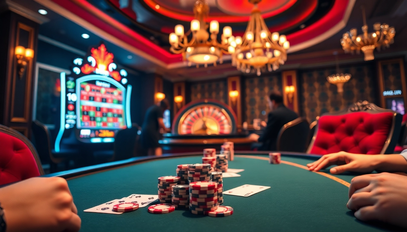 Experience thrilling gameplay at 98win with engaging poker and roulette tables in a luxurious casino setting.