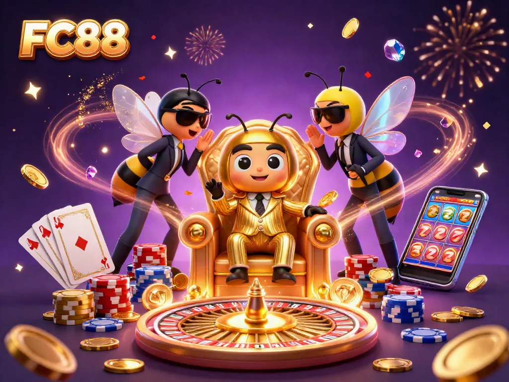FC88 showcases a vibrant 3D casino scene with dynamic characters enjoying games and winnings.