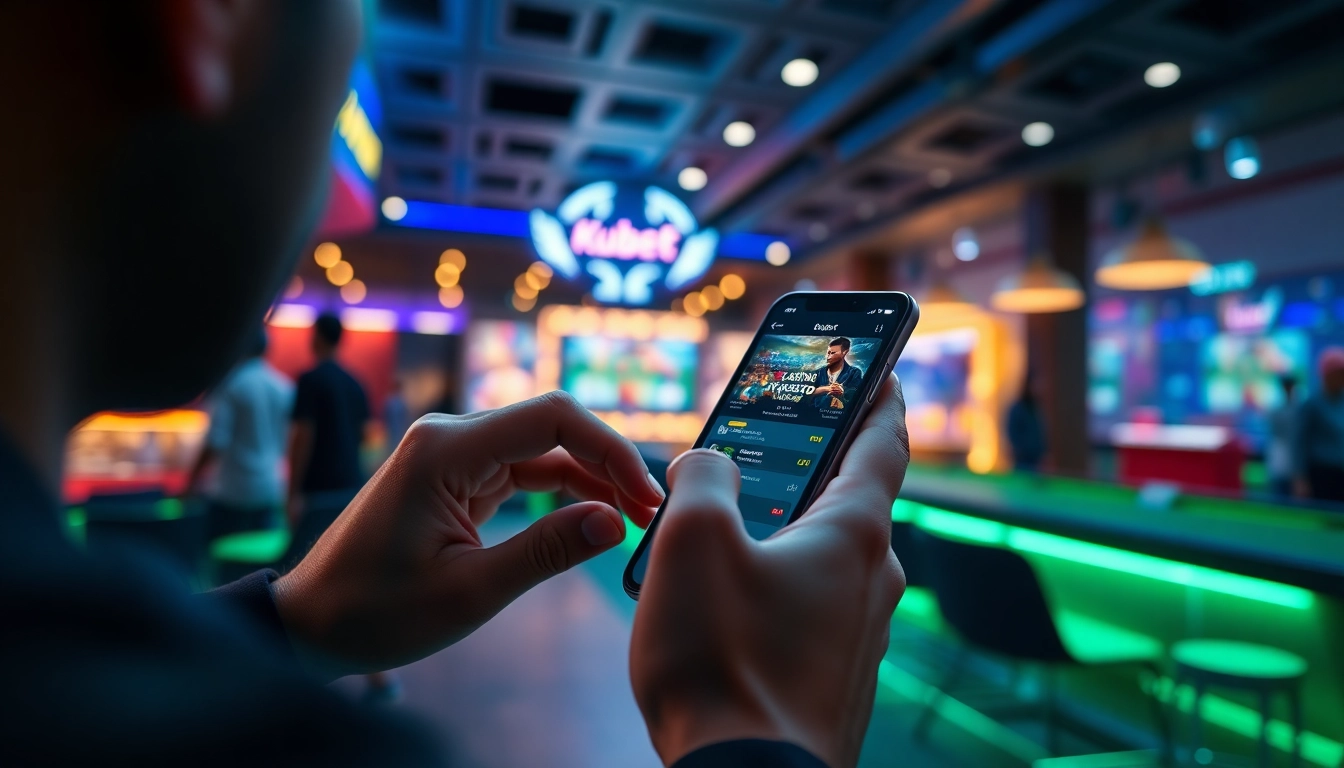 Tải App Kubet88: Trải Nghiệm Cá Cược Nhanh – Mượt – An Toàn, showcasing a user enthusiastically using the Kubet88 app on a smartphone.