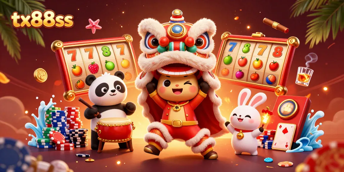 Experience festive gaming action with tx88ss, featuring vibrant characters amidst slot reels and casino elements.