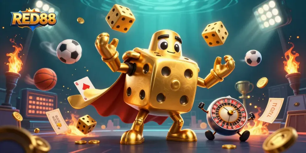 Engage in fun gaming activities at RED88 with golden dice, roulette ball, and dynamic sports elements in action.