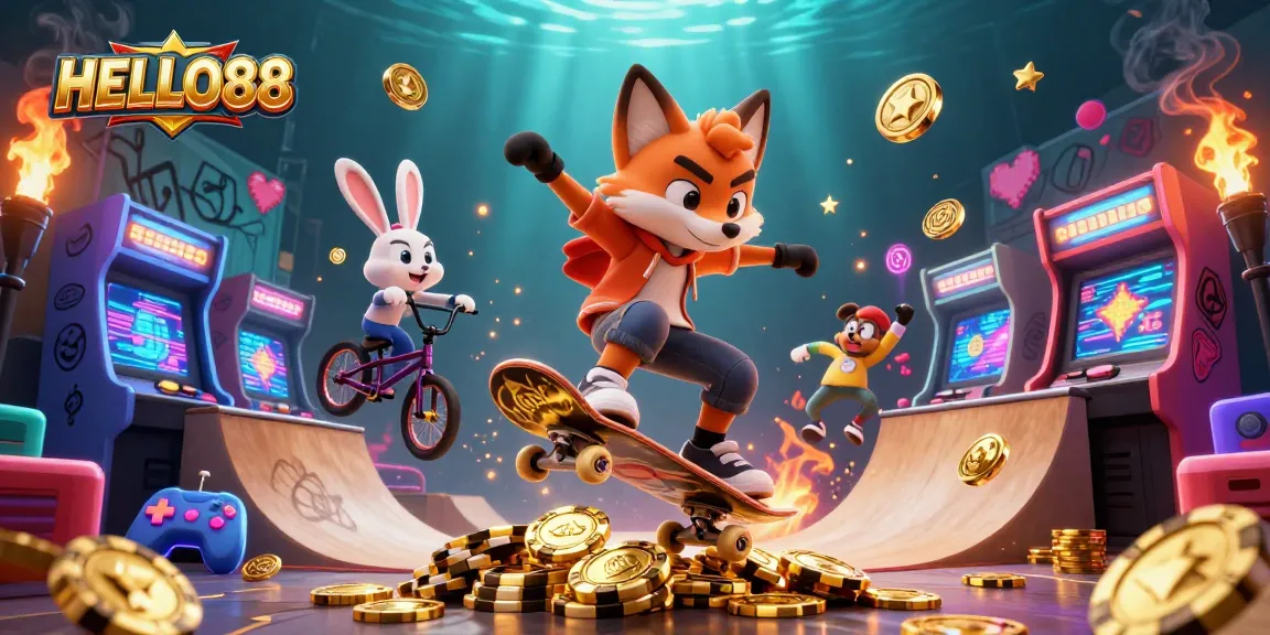 HELLO88 features an energetic scene with a skateboarder fox and BMX rabbit amid casino symbols.