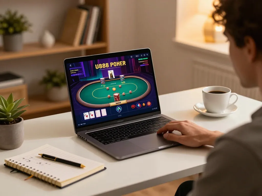 Player enjoying an online poker game at home, highlighting U888's gaming experience in a stylish setting.