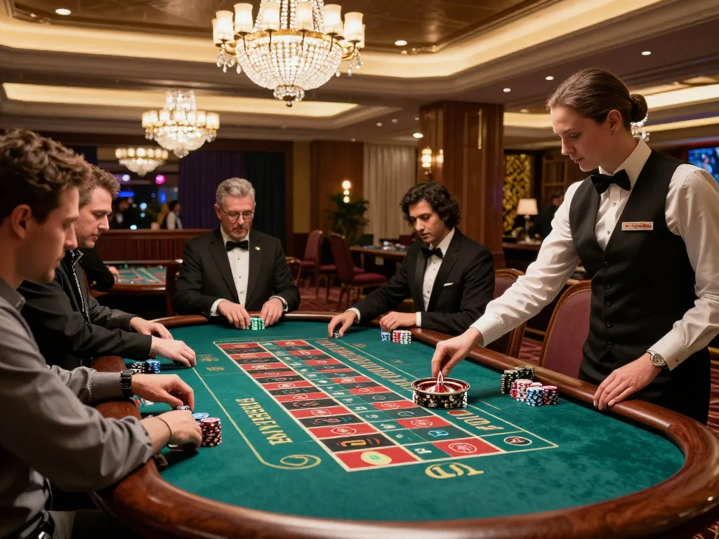 Engaged players at Trang chủ go99 roulette table strategizing bets in luxurious casino setting.
