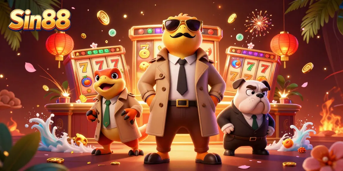 Experience the excitement at Sin88 with vibrant 3D casino illustration featuring raptors and a bouncer.