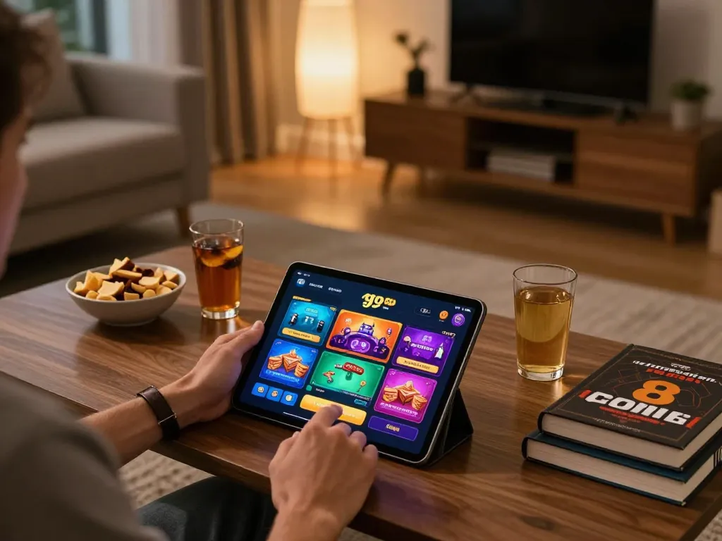 Engaging with the go 8 casino app on a tablet in a cozy living room