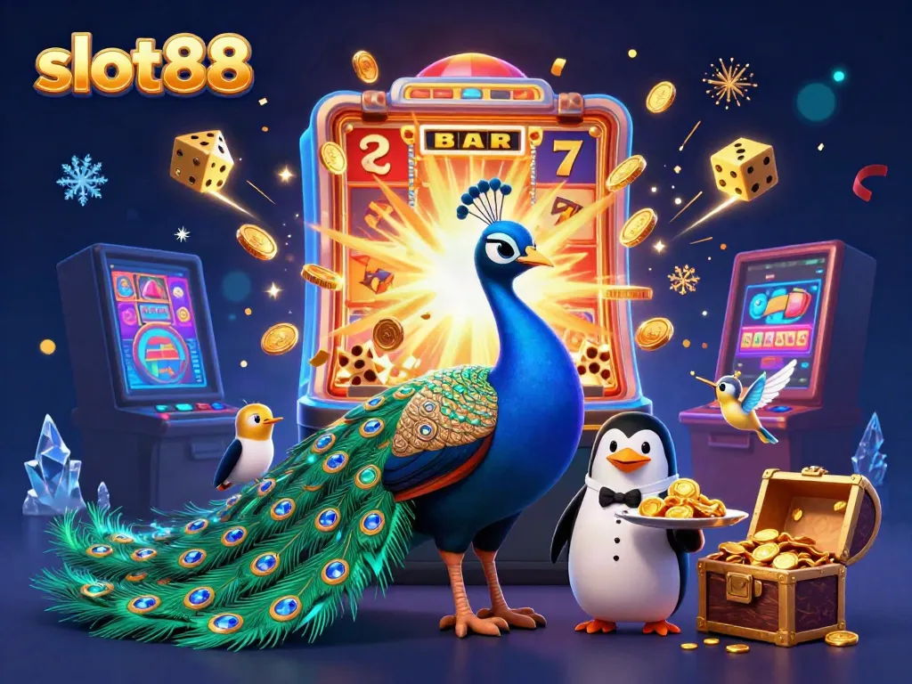 Experience excitement with slot88 in a vibrant, dynamic 3D casino scene showcasing a jackpot explosion.