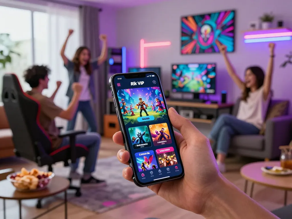 Experience rikvip tải now with exciting gameplay, friends cheering, and vibrant gaming graphics.