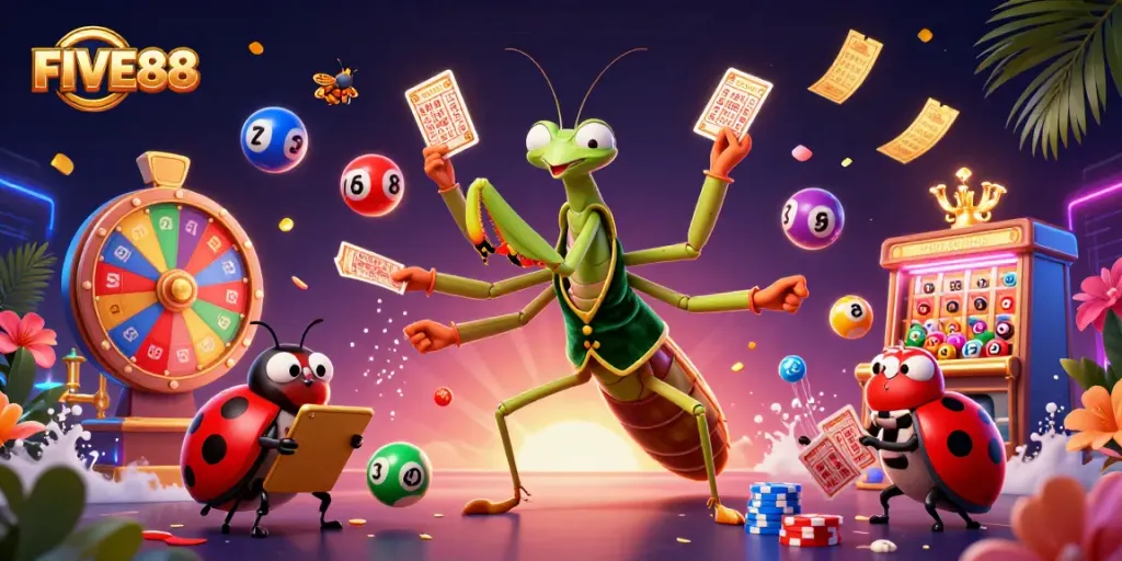 Engage with FIVE88's thrilling casino games featuring vibrant characters and dynamic elements.