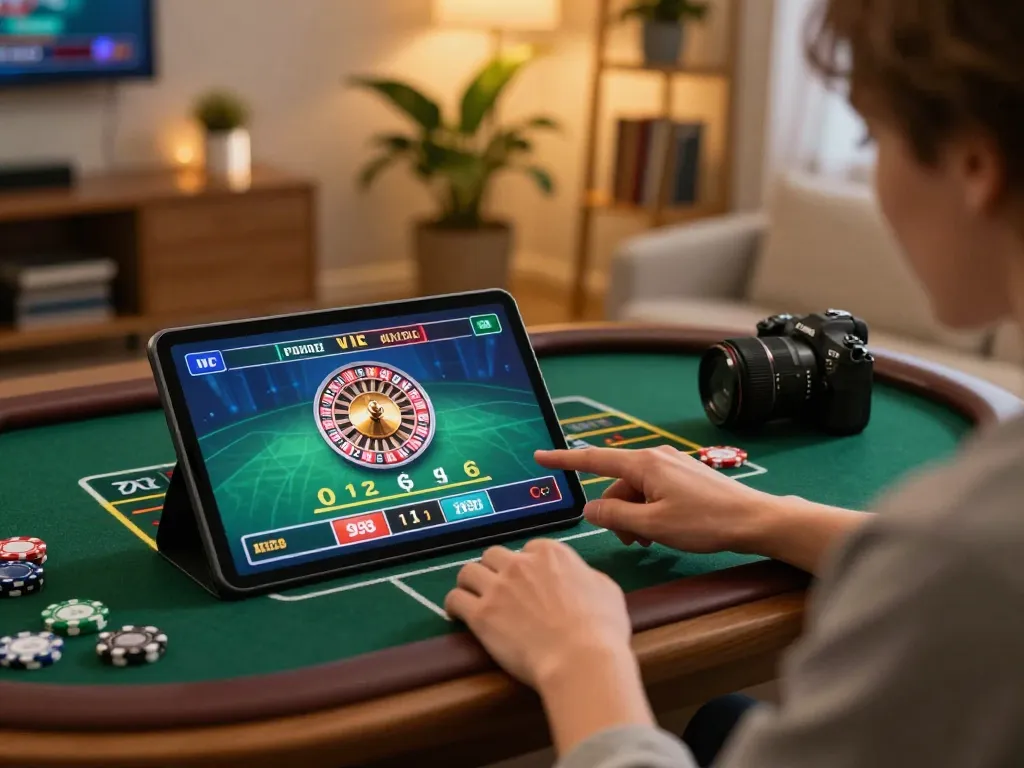 Engaging at-home gambling with the pronorte platform, featuring exciting roulette gameplay on a tablet.