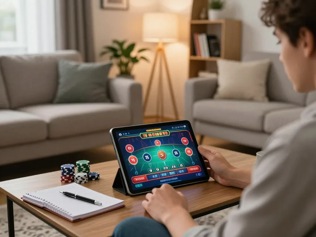 78 win online gambling experience with a player using a tablet at home, showcasing live casino action.