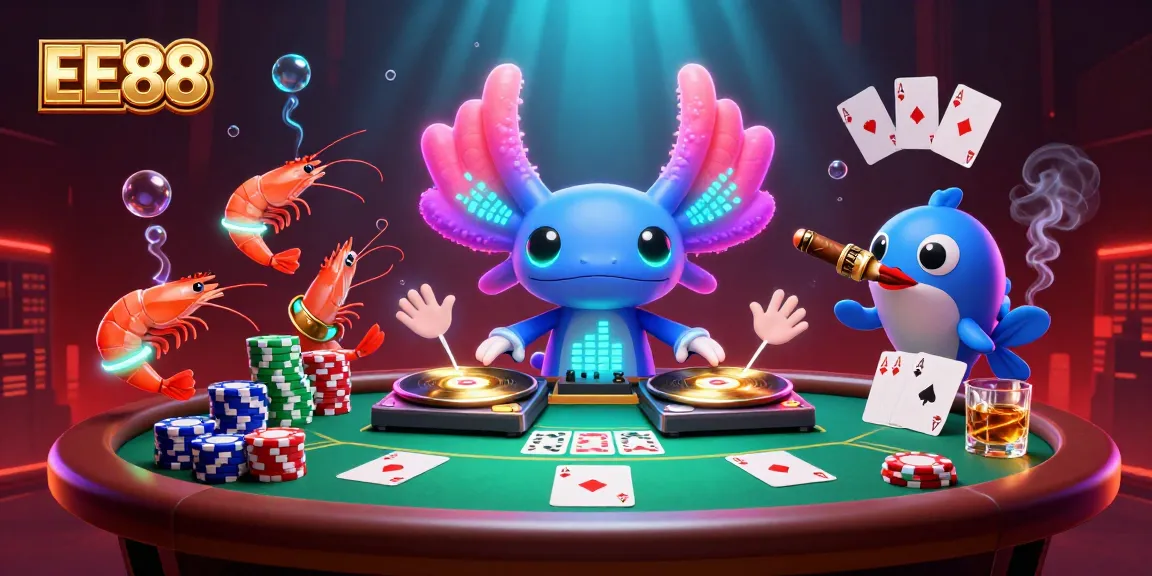 Experience EE88's vibrant casino scene with a neon axolotl DJ and poker elements.