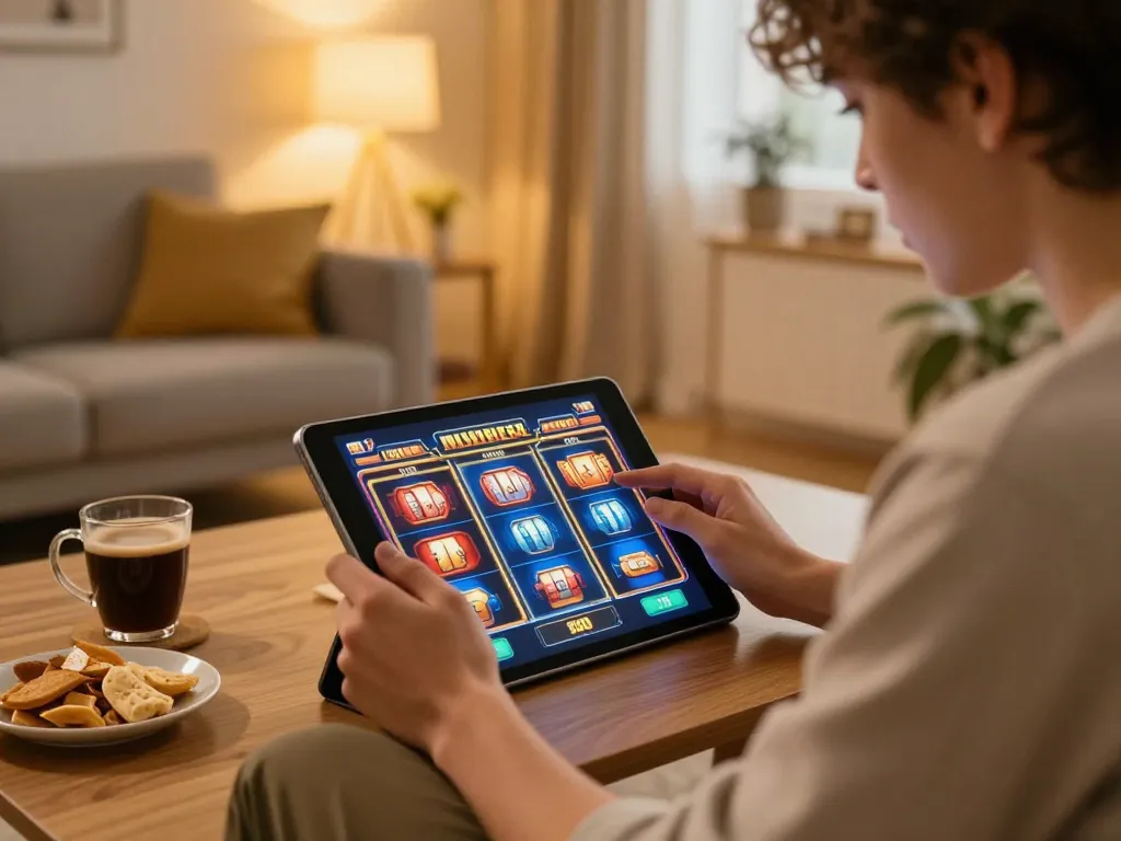 Engaging player enjoying bet88 8 slots on a tablet in a cozy home environment, highlighting intense gameplay.