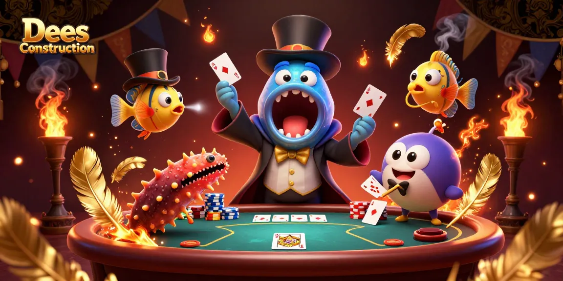 Experience thrilling poker moments with Dees Construction's creative illustration art, featuring unique deep-sea characters.