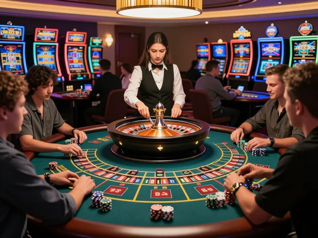 Players enjoying a thrilling roulette game at 789bet, vibrant atmosphere with croupier spinning the wheel.