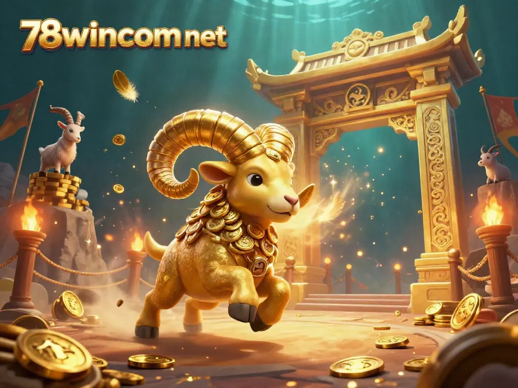 Experience the excitement of 78wincom net with an epic 3D scene featuring a gold ram charging through a vibrant casino atmosphere.