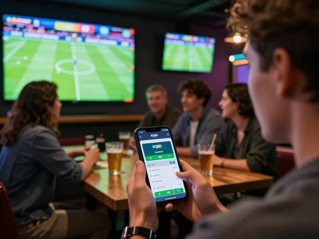 KQBD sports betting app displayed on smartphone in a lively sports bar during live football match.