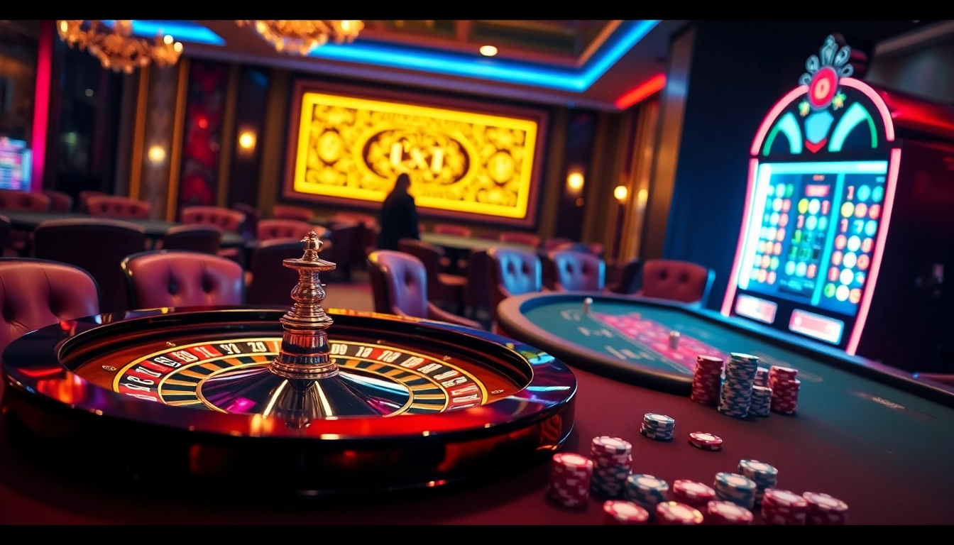 JL111 presents a thrilling casino scene with roulette, poker chips, and vibrant slot machines.