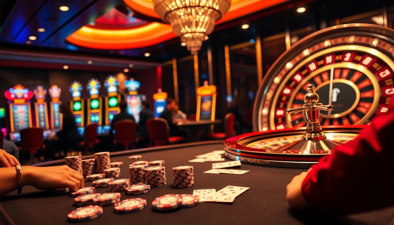 Players engaging in a thrilling poker game at 23win casino, amidst vibrant slot machines and roulette wheels.