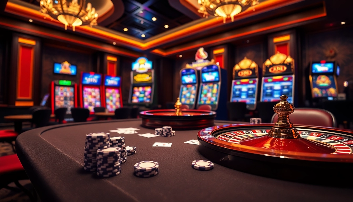 Engaging gambling scene at https://sky88sa.com/ with a poker table and roulette wheel.