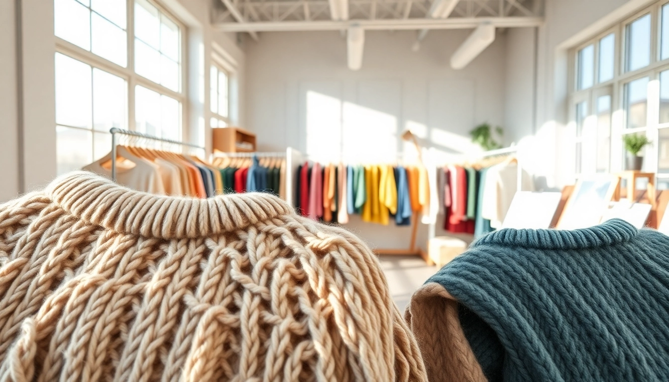 Showcasing custom apparel manufacturer knitwear in a bright studio with vibrant colors and intricate designs.