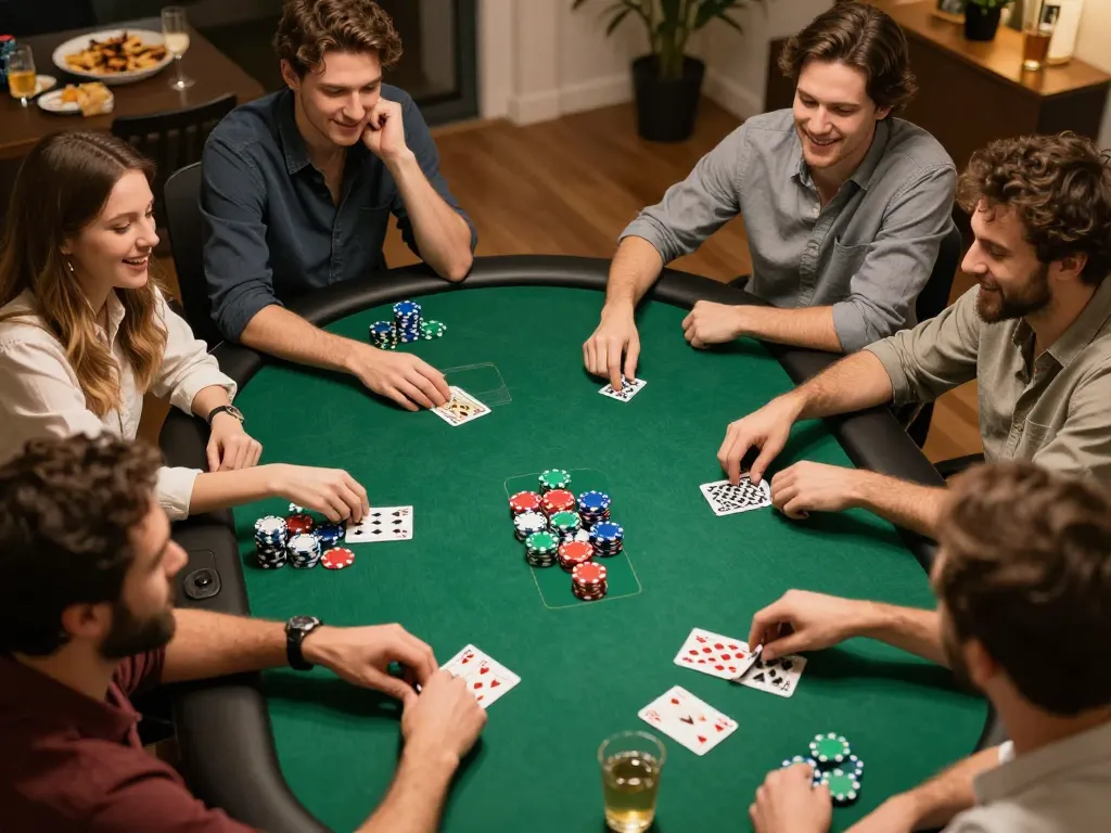 Sao789 players enjoying a home poker game night with cards and chips on the table.