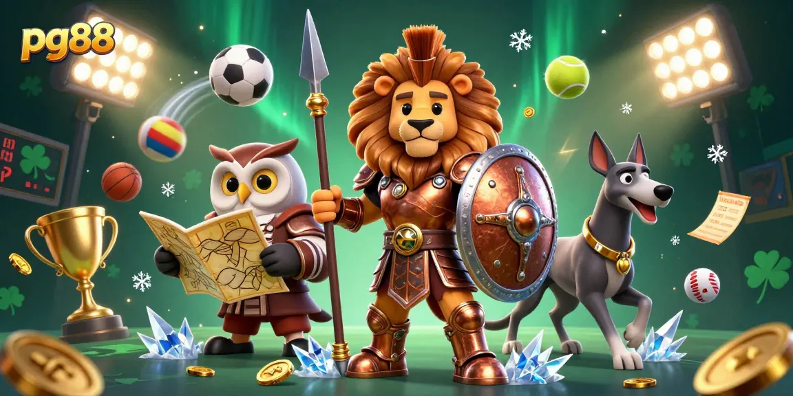 pg88 engaging gameplay with cartoon Spartan lion and dynamic sports elements in a thrilling casino scene