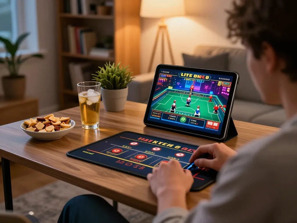 Player engaged with online casino app on tablet, enhancing scap gaming strategies from home.