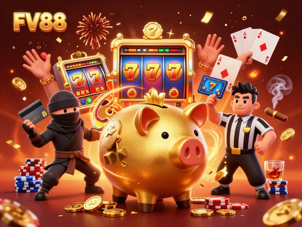 Experience FV88's lively gaming scene with a sumo wrestler and ninja amidst exciting slot elements.