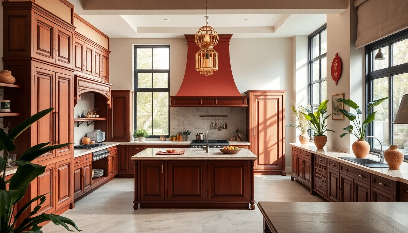 Showcase of a chinese kitchen design highlighting elegant cabinetry and natural elements.