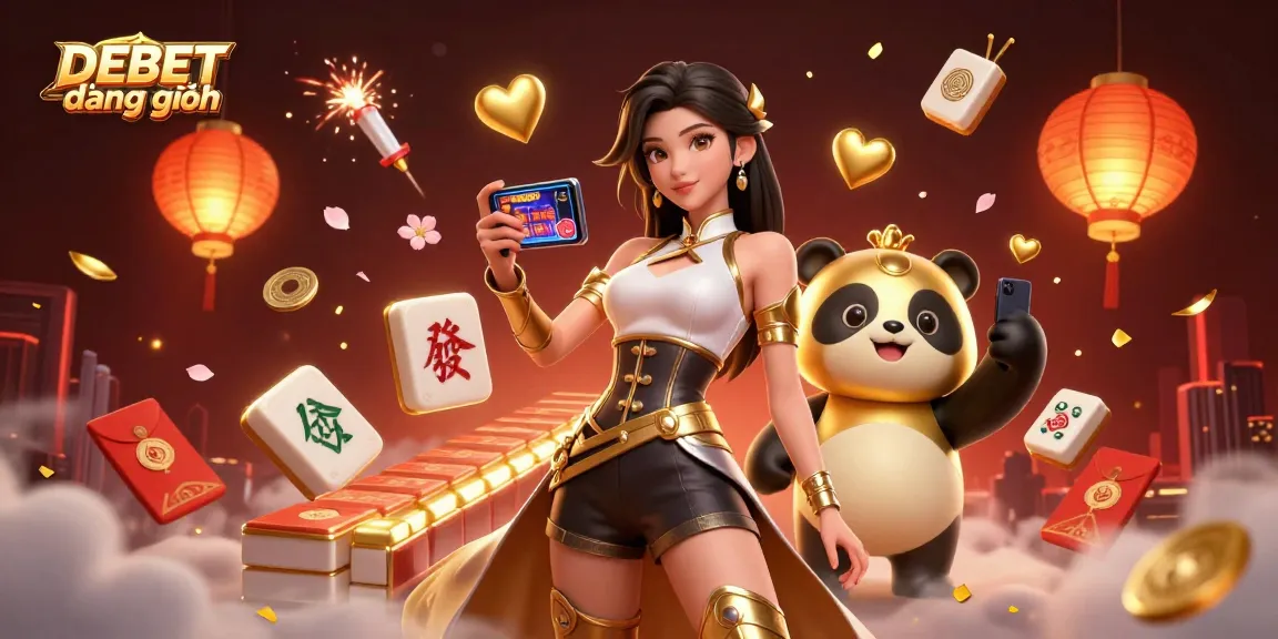 Experience DEBET đăng nhập with an Asian woman holding a smartphone game alongside a golden panda mascot.