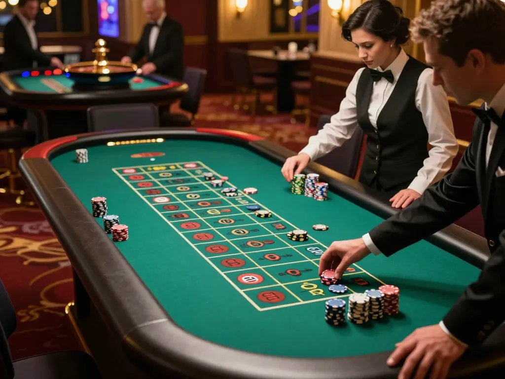 Players enjoy a thrilling roulette game at a luxurious casino, featuring 9betgame