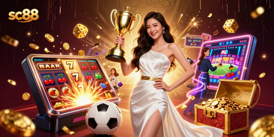 sc88 showcases a victorious Asian woman in glamorous attire celebrating a sports betting win